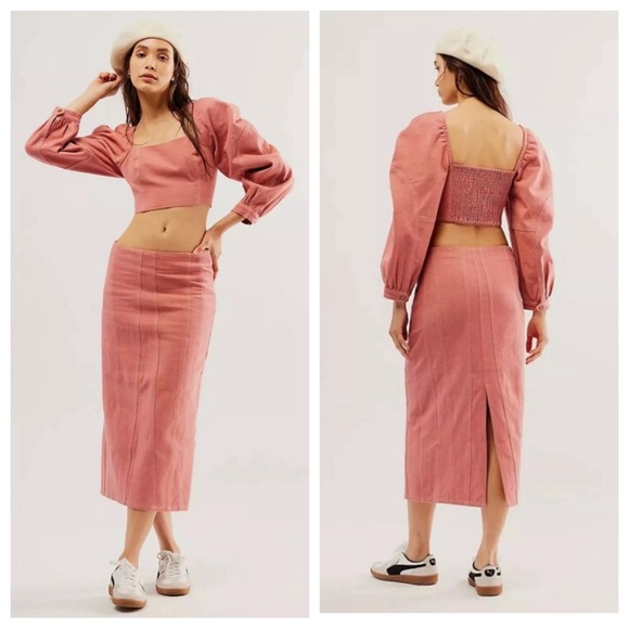 FREE PEOPLE Marley Denim Set Smoke Rose Cropped Top Midi Skirt Outfit Sze 2 $198 - Picture 1 of 9